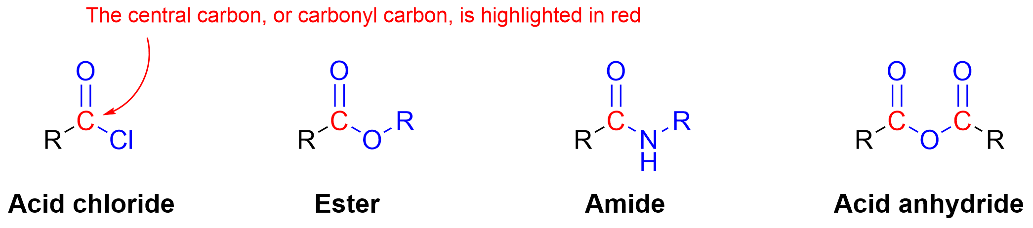 Structures of 4 carboxylic acid derivatives. First is an acid chloride where the OH group is replaced with Cl. An ester is where the OH group is replaced with an O-R group. Amides are where the OH group is replaced with an amino group such as NH2 or NH-R etc. Acid anhydrides are where the OH group is replaced with another carbonyl group, and both are connected through an O in between.