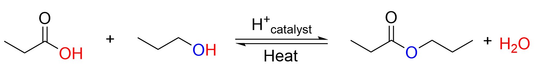 Propanoic acid and propanol in the presence of H+ catalyst forms propyl propanoate and water. Those 2 products in the presence of heat will cause the reverse reaction where propanoic acid and propanol is regenerated.
