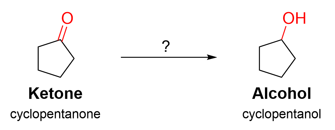 A reaction with an unknown reagent, seen as question mark, above the reaction arrow.