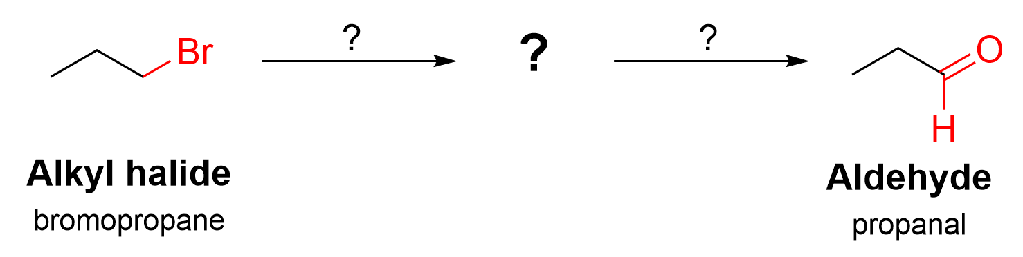 The reagents, written as question marks, required in the two steps to form propanal, with an intermediate also called a question mark.
