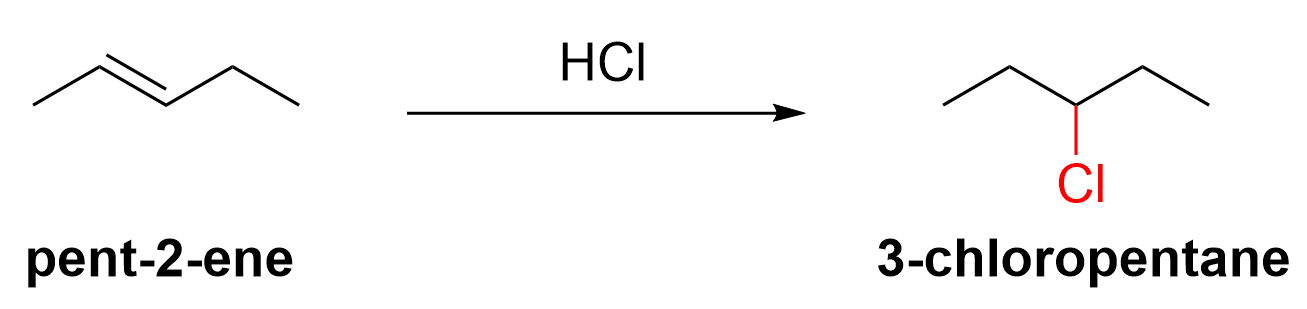 Pent-2-ene and HCl reacting to form 3-chloropentane.