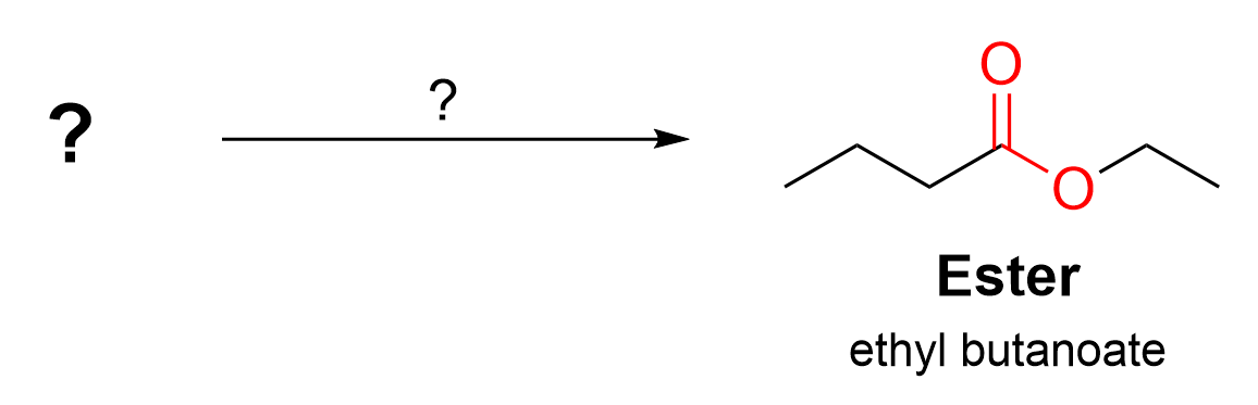 A starting material and reagent written as question marks, react to give the final ester product to the right of a reaction arrow.