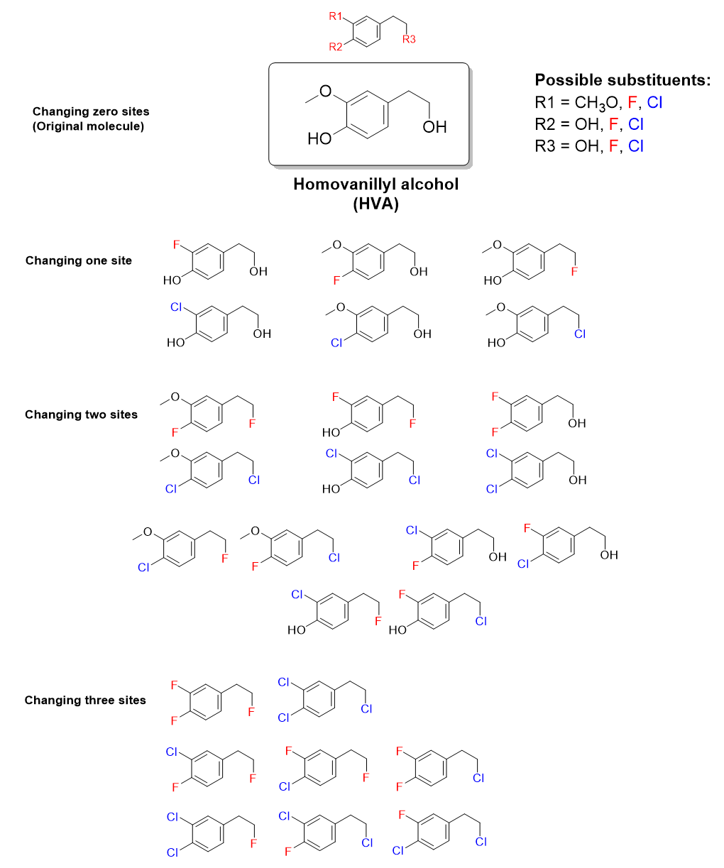 A chart with line-bond drawings of compounds similar or identical to homovanillyl alcohol. Above the chart, the line-bond drawing shows the same diagram as the middle diagram in Figure 4.4.b, with R1, R2, and R3 highlighted in red. This is the skeletal structure. In the first row of the chart, the left cell says “Changing zero sites (original molecule)”, the middle cell shows the structure of homovanillyl alcohol, as described in Figure 4.4.a, and the right cell shows possible substituents for R1 = methoxy (CH3O), fluoro (F), or chloro (Cl), R2 = hydroxy (OH), fluoro (F), or chloro (Cl), and R3 = hydroxy (OH), fluoro (F), or chloro (Cl).   In the second row of the chart, the left cell says “Changing one site”, and the subsequent cells in this row show six molecules, in which a fluorine atom or a chlorine atom replaces one substituent at R1, R2, or R3 in the skeletal structure shown at the top of the diagram.   In the third row of the chart, the left cell says “Changing two sites”. The subsequent cells in this row show twelve molecules, in which two of the three substituents R1, R2, and/or R3, in the skeletal structure shown at the top of the diagram are replaced by some combination of two fluorine atoms, two chlorine atoms, or one fluorine atom and one chlorine atom.   In the fourth row of the chart, the left cell says “Changing three sites”. The subsequent cell in this row shows eight molecules, in which all three substituents R1, R2, and R3, in the skeletal structure shown at the top of the diagram are replaced by some combination of fluorine and chlorine atoms.