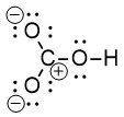 The same drawing of bicarbonate as depicted in Figure 2.1.b, but with a formal charge of +1 on the carbon atom indicated as a positive sign, and a formal charge of -1 on each of the terminal oxygen atoms indicated as a negative sign.