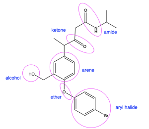 A large organic molecule with the following functional groups circled: amide, ketone, arene, alcohol, ether and aryl halide.