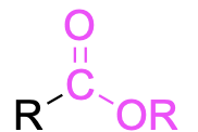 A C doubly bound to O, and bound to R and OR. The C, OR and O are pink.