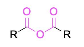 A molecule with a carbon doubly bound to an O, singly bound to an R group, and singly bound to an O. This O is singly bound to another carbon, which is also bound to R and doubly bound to O. Everything except the R groups are in pink.
