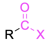 A C doubly bound to O, and bound to R and X. The C, X and O are pink.
