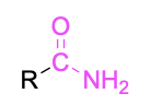 A C doubly bound to O, and bound to R and NH2. The C, NH2 and O are pink.