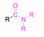 A C doubly bound to O, and bound to R and N-R2. The C, N-R2 and O are pink.