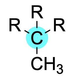 Structure of a primary carbon. The carbon center is bound to 3 R groups and one carbon substituent.