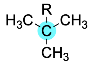 Structure of a tertiary carbon. The carbon center is bound to 1 R group and three carbon substituents.