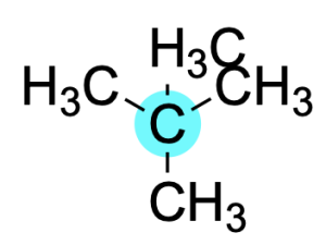 Structure of a quaternary carbon. The carbon center is bound to 4 carbon substituents.