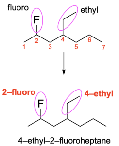 A diagram of two of the same molecule labelled differently. The top is a linear zig-zag molecule labelled 1-7 from left to right on each edge. There is a bond to F on carbon 2 and to ethyl on carbon 4. The bottom is the same molecule, only it is only labelled “2-fluoro” on carbon 2 and “4-ethyl” on carbon 4, with each of these functional groups circled.
