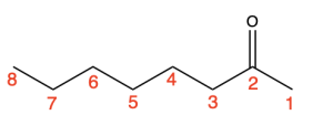 A molecule in zig-zag in line-bond format, labelled 1-8 on its edges from right to left. The second edge is doubly bound to oxygen.