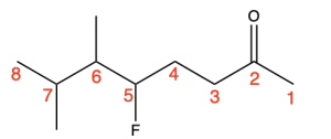 A molecule in zig-zag in line-bond format, labelled 1-8 on its edges from right to left. The second edge is doubly bound to oxygen, the fifth is branched to be bound to an F, and the sixth and seventh are both branched to be bound to a single carbon.