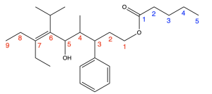 The previously depicted molecule in 2.4.q, labelled on its edges 1-9 from right to left, to the left of the oxygen of the ester, and labelled 1-5 from left to right, to the right of the ester group.
