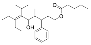A drawing of 7-ethyl-5-hydroxy-6-isopropyl-4-methyl-3-phenylnon-6-en-1-yl pentanoate.