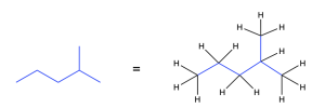 Two depictions of 2-methylpropane. On the left is a line-angle drawing, as a zig-zag with 5 vertices, and an additional line from the second vertex. On the right is the same line-angle structure, only each vertex has the appropriate number of attached hydrogens, so that each carbon at the vertex has four bonds in total.