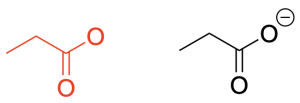 Two depictions of a carboxylate. The molecule on the left, shown in red, has a carboxylate group depicted a carbon doubly bound to oxygen and singly bound to another oxygen. The molecule on the right, shown in black, except that the oxygen singly bound to carbon has a formal negative charge.