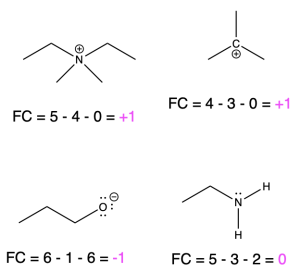 Four molecules with formal charge calculations beneath each one. One molecule has a nitrogen centre with four bonded groups and a formal positive charge. The formal charge calculation shows “FC=5-4-0=+1”. Another molecule has a carbon centre with three bonded groups and a formal positive charge. The formal charge calculation shows “FC=4-3-0=+1”. Another molecule has an oxygen centre with one bonded group, three lone pairs, and a formal negative charge. The formal charge calculation shows “FC=6-1-6-1”. The last molecule shows a nitrogen centre with three bonded groups and one lone pair. The formal charge calculation shows “FC=5-3-2=0”.