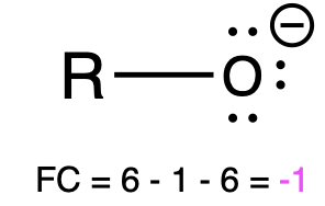 A molecule is drawn as R-O, with the oxygen having three lone pairs and a formal negative charge. The calculation “FC=6-1-6=-1” is written below. The cell is labeled “Alkoxide”.