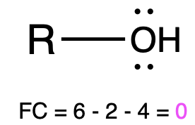 A molecule is drawn as R-OH, with the oxygen having two lone pairs. The calculation “FC=6-2-4=0” is written below.