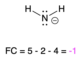 A nitrogen atom is attached to two hydrogen atoms, with the nitrogen having two lone pairs and a formal negative charge. The calculation “FC=5-2-4=-1” is written below.