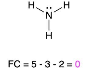 A nitrogen atom is attached to three hydrogen atoms, with the nitrogen having one lone pair. The calculation “FC=5-3-2=0” is written below.