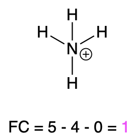 . A nitrogen atom is attached to four hydrogen atoms, with the nitrogen having a formal positive charge. The calculation “FC=5-4-0=+1” is written below.