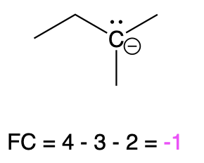 A carbon bound to 3 alkyl groups with a lone pair and a formal negative charge. Beneath it is written “FC=4-3-2=-1”