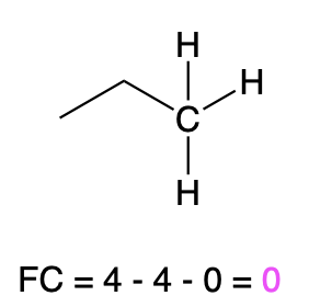 A carbon bound to 1 alkyl group and 3 hydrogens. Beneath it is written “FC=4-4-0=0”