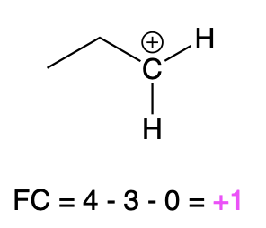 A carbon bound to 1 alkyl group and two hydrogens. Beneath it is written “FC=4-3-0=+1”