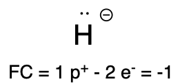 A hydrogen atom with a lone pair and a formal negative charge. The calculation “FC = 1p+ - 2e– = -1” is written below.