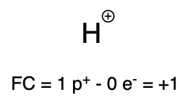 A hydrogen atom with a formal positive charge. The calculation “FC=1p+ - 0e– = +1” is written below.