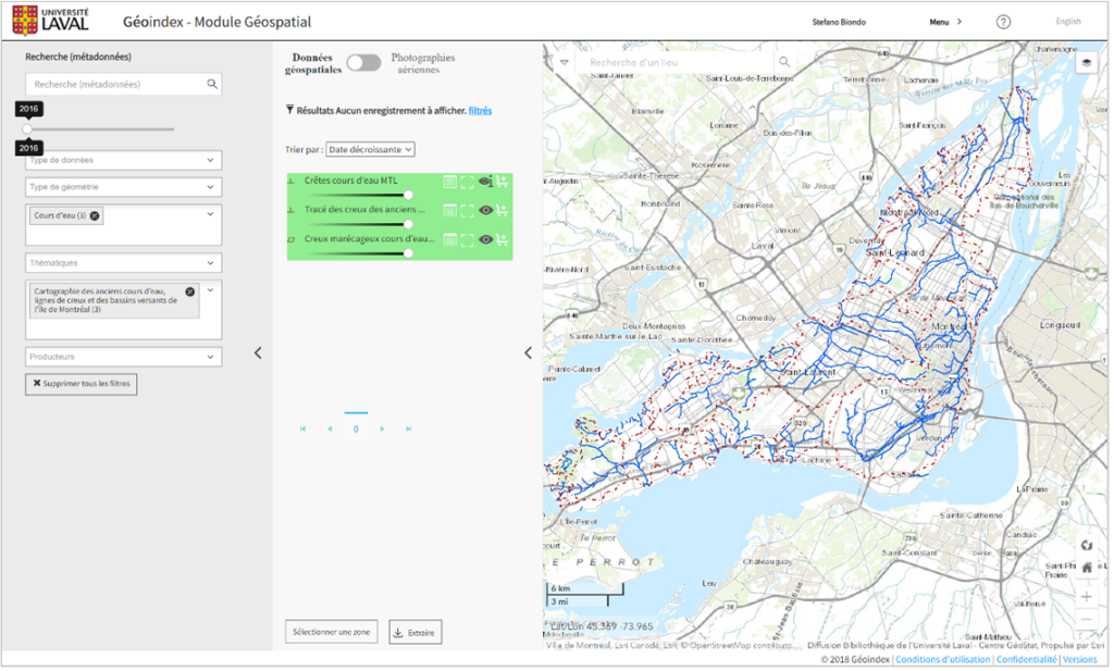 Figure 3 - Screenshot of GéoIndex, the geospatial data platform shared by universities in Québec, demonstrating vector data available on the platform.