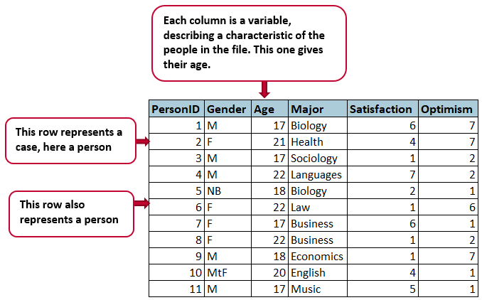 : Spreadsheet showing data from an imaginary survey of university students. Cases are individual students, while variables include gender, age, major, and numerical scores giving the students’ ratings of their happiness and optimism.