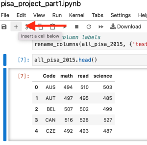 A screenshot showing how to a a new cell. In the second toolbar from the top, there is an icon in the shape of a plus sign (located just to the right of the “save” icon). Clicking this icon will insert a cell below. 