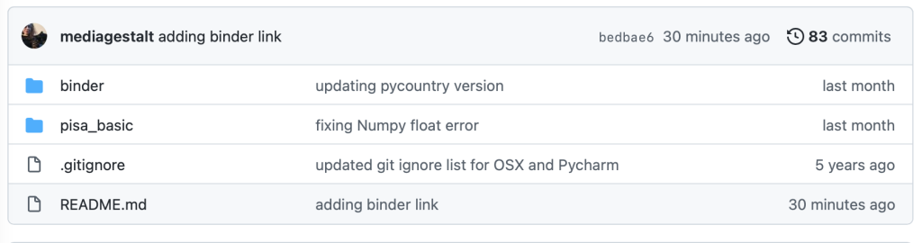 A screenshot of Github folders added by mediagestalt. The top folder is titled binder, and the folder below it is titled pisa_basic. There are two files beneath these folders – one titled gitignore, and the other titled README.md.