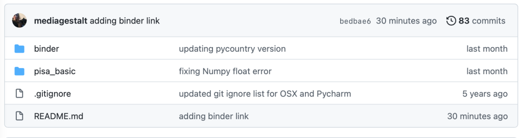 A screenshot of Github folders added by mediagestalt. The top folder is titled binder, and the folder below it is titled pisa_basic. There are two files beneath these folders – one titled gitignore, and the other titled README.md. 