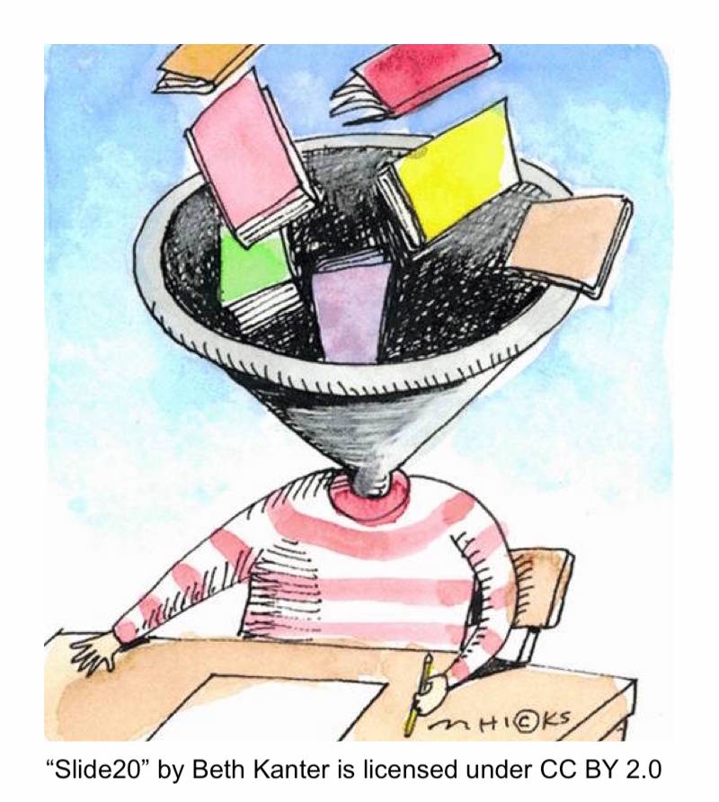 person at a desk with a head shaped like a funnel with books pouring in to it