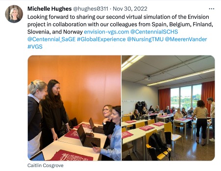 Tweet from Michelle Hughes that reads: "Looking forward to sharing our second virtual simulation of the Envision project in collaboration with our colleagues from Spain, Belgium, Finland, Slovenia, and Norway"