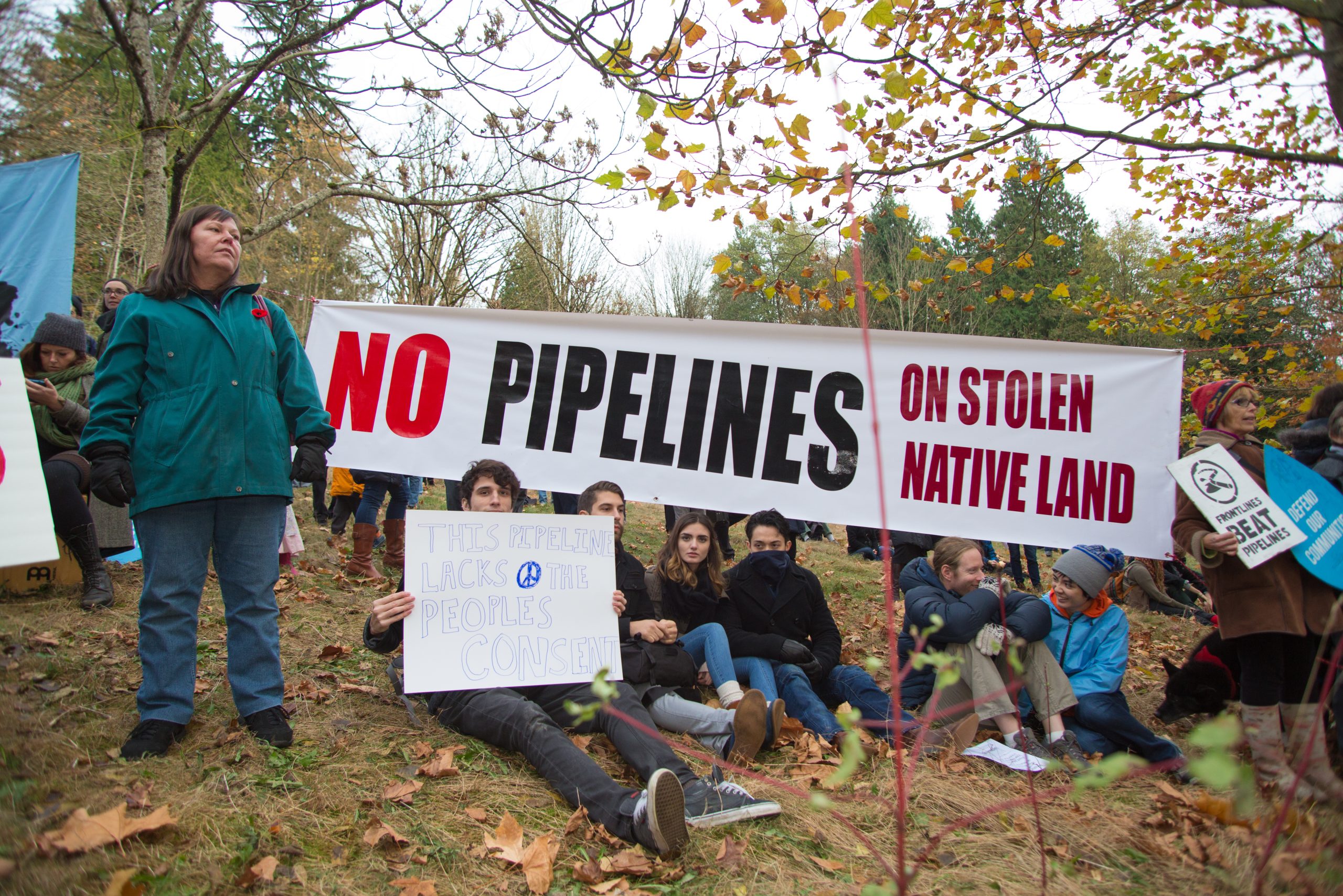 Large banner with "No pipelines on stolen Native land" surrounded by sitting and standing protesters holding similar signs.