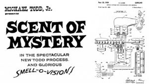 A black and white ad for the Scent of Mystery that was to use smell-o-vision. To the right, is a labeled drawing for the machine that brings the audience smell-o-vision.