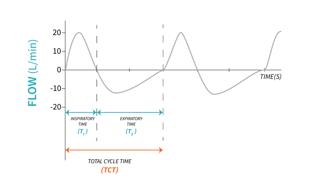 A flow-time graph with respiratory cycle is shown. The flow (y-axis) ranges between negative 20 and positive 20 litres per minute. The inspiratory time, or TI, is shown to last 1 time unit. The expiratory time, or TE, follows and is shown to take 2 time units. An arrow then shows that TI and TE together make up the Total Cycle Time, or TCT.