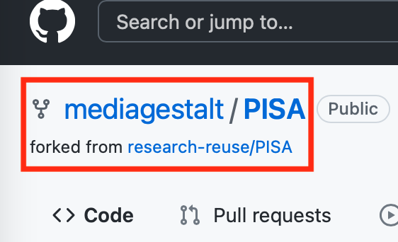 Capture d'écran d'une fourche d'un dépôt sur GitHub. Le nom du nouveau dépôt se lit mediagestalty/PISA. La capture d'écran indique que le nouveau dépôt est une fourche de research-reuse/PISA. À côté du nom du dépôt, une étiquette indique qu'il s'agit d'un dépôt public.