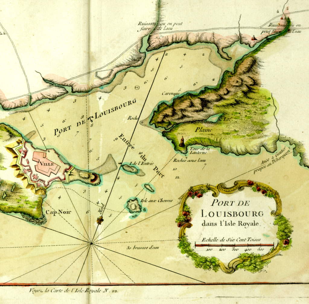 Figure 1 - Carte numérisée du port de Louisbourg, en Nouvelle-Écosse, datant de 1764, illustrant l'utilisation de données matricielles dans les systèmes d'information géographique.