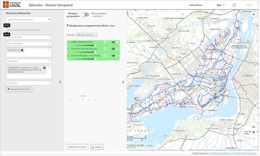 Figure 3 - Capture d'écran de GéoIndex, la plateforme de données géospatiales partagée par les universités du Québec, montrant les données vectorielles disponibles sur la plateforme.