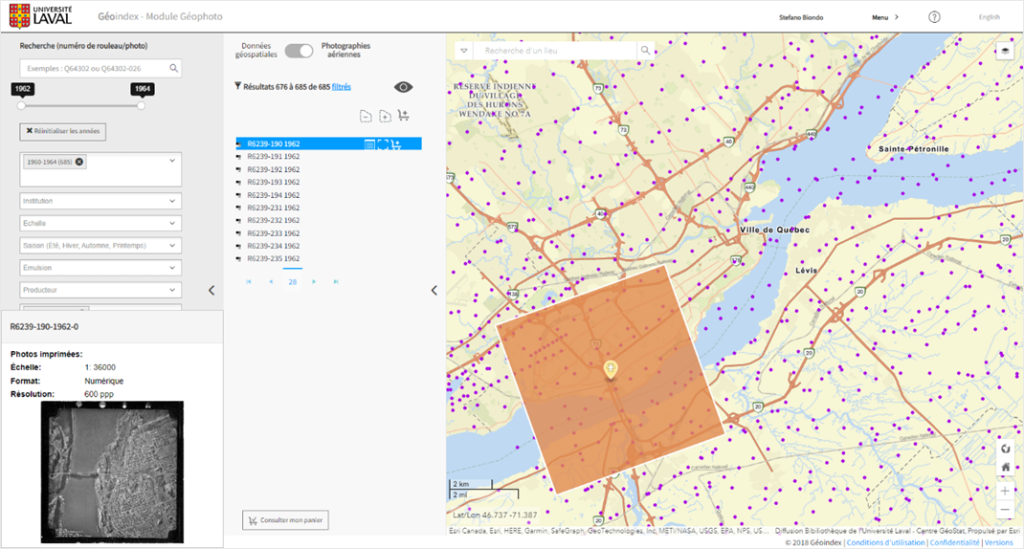 Figure 5 - Capture d'écran de Géophoto, montrant les photos aériennes disponibles sur la plateforme GéoIndex.
