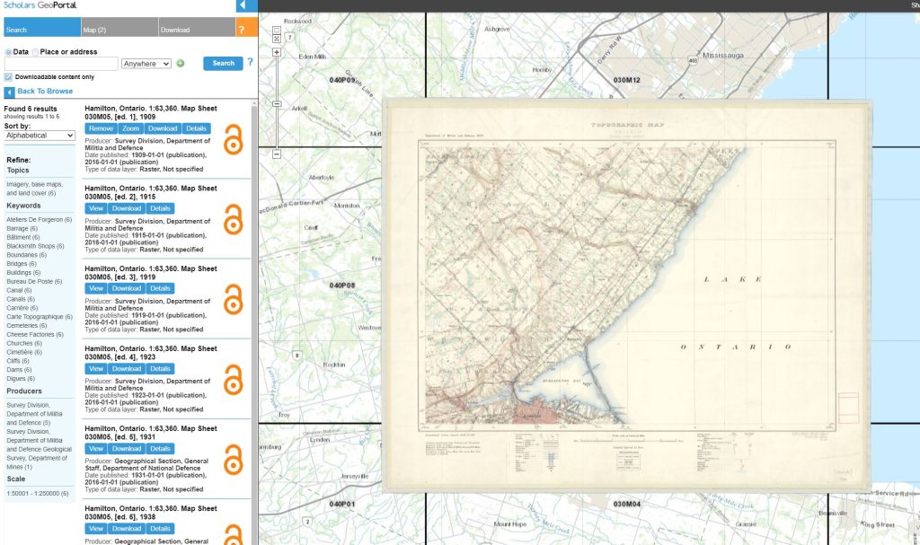 Figure 6 - Capture d'écran du Scholars GeoPortal, la plateforme de données géospatiales partagée par les bibliothèques universitaires de l'Ontario.